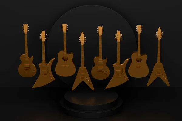 Acoustic Guitars Drums Cymbals Podium Pedestal Monochrome Background Render Display — Stock Photo, Image