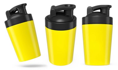 Beyaz arka planda izole edilmiş protein içeceği için plastik spor karıştırıcı seti. Spor gıda kokteyl kabının 3 boyutlu sunucusu