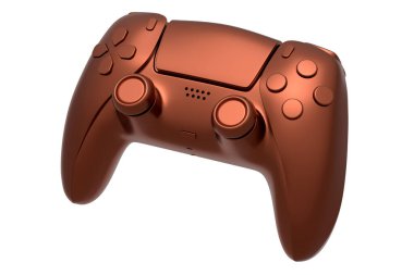 Metal fırçalı bronz oyun joystick beyaz arka planda izole. Bulut oyunu ve oyun alanı çalışma alanı konsepti için 3B yayın ekipmanı oluşturma