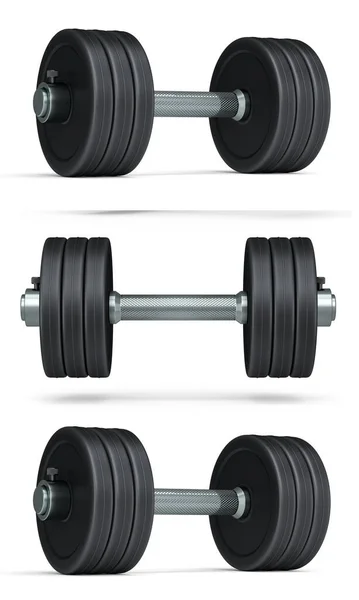 一组哑铃与橡胶盘隔离在白色背景 3D提供用于健身和举重的体育设备 — 图库照片
