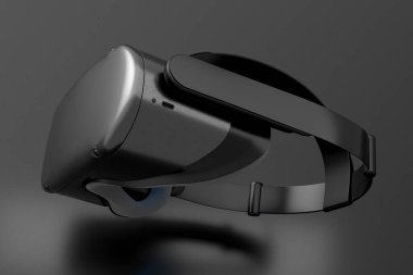 Metalik krom desenli gerçekçi sanal gerçeklik gözlükleri koyu arka planda izole edilmiş. Bulut oyunu ve oyun alanı çalışma alanı konsepti için 3D görüntüleme donanımı