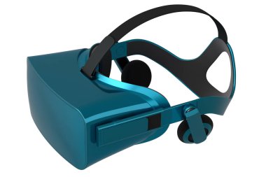 Beyaz arka planda mavi krom desenli gerçekçi sanal gerçeklik gözlükleri. Bulut oyunu ve oyun alanı çalışma alanı konsepti için 3D görüntüleme donanımı