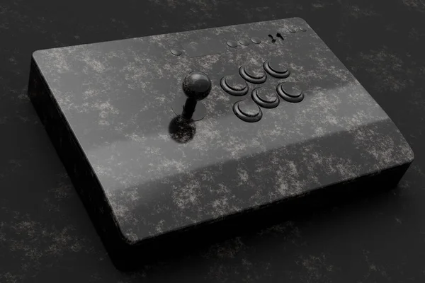 Vintage arcade stick with joystick and tournament-grade buttons with black marble texture on dark background. 3d render of gaming machine, streaming gear for cloud gaming and gamer workspace concept
