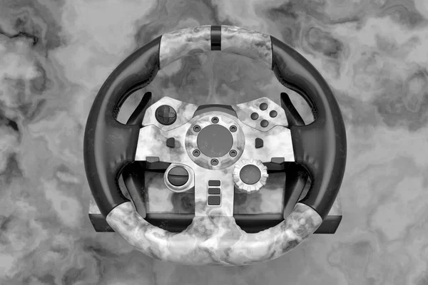 Realistic leather steering wheel with black marble texture on dark background. 3d render of gaming machine, streaming gear for cloud gaming and gamer workspace concept