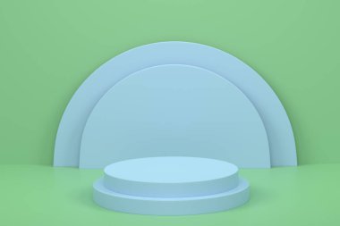 Mavi arka planda basamakları olan yeşil silindir podyum. Ürün gösterimi için soyut gerçekçi geometrik kaide veya platformun 3 boyutlu canlandırması. En küçük sahne.