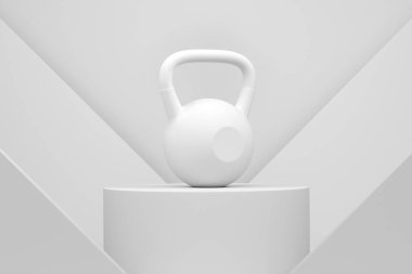 Silindir podyumda metal disklerle Kettlebell ve tek renkli arka planda basamaklar. Takım oyunu için spor aksesuarları gibi 3D görüntüleme ürünü