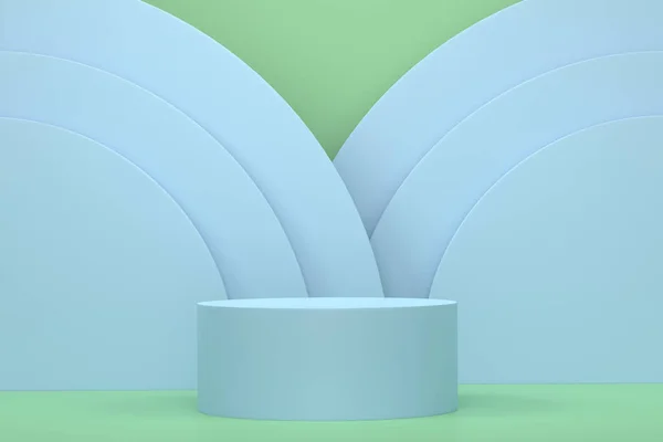 Pastellgrünes Zylinderpodest Mit Stufen Auf Blauem Hintergrund Rendering Von Abstrakt — Stockfoto
