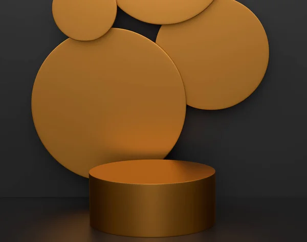 Pastelowy Złoty Cylinder Podium Krokami Czarnym Tle Renderowanie Abstrakcyjny Realistyczny — Zdjęcie stockowe
