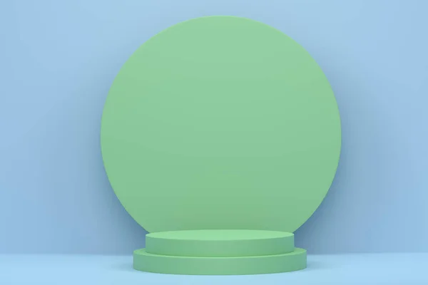 Пастельний Зелений Циліндр Подіум Сходами Синьому Фоні Візуалізація Абстрактного Реалістичного — стокове фото