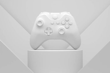 Silindir podyumda video oyunu joystick 'i ve tek renkli arka planda basamaklar. Bulut oyunu ve oyun alanı çalışma alanı konsepti için 3D görüntüleme ürünü gibi