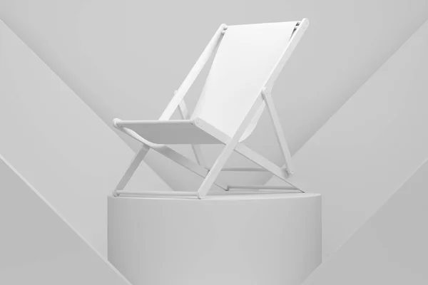 Gestreepte Strandstoel Voor Zomerse Uitjes Cilinderpodium Met Treden Monochrome Achtergrond — Stockfoto
