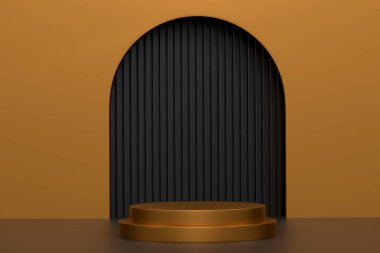 Siyah arka planda basamakları olan pastel altın silindir podyum. Ürün gösterimi için soyut gerçekçi geometrik kaide veya platformun 3 boyutlu canlandırması. En küçük sahne.