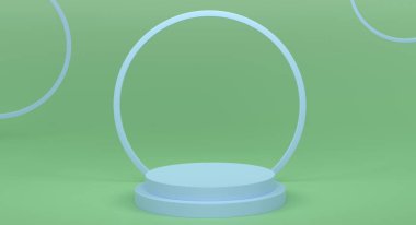 Mavi arka planda basamakları olan yeşil silindir podyum. Ürün gösterimi için soyut gerçekçi geometrik kaide veya platformun 3 boyutlu canlandırması. En küçük sahne.