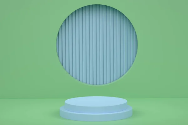 带蓝色背景台阶的糊状绿色圆柱形讲台 产品展示背景的抽象逼真几何基础或平台的三维渲染 最低限度场景 — 图库照片