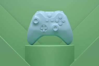 Silindir podyumda video oyunu joystick 'i ve tek renkli arka planda basamaklar. Bulut oyunu ve oyun alanı çalışma alanı konsepti için 3D görüntüleme ürünü gibi