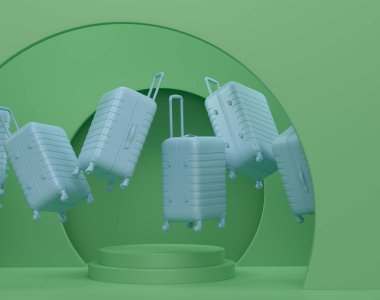 Podyumda bavul ve bavul ya da tek renkli arka planda kaide. Yaz aksesuarları ve tatil konsepti gibi 3D görüntüleme ürünü