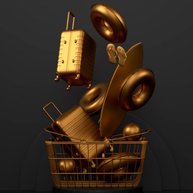 Podyumda plaj aksesuarları ya da tek renkli arka planda kaidesi olan bir bavul. Yaz aksesuarları ve tatil konsepti gibi 3D görüntüleme ürünü