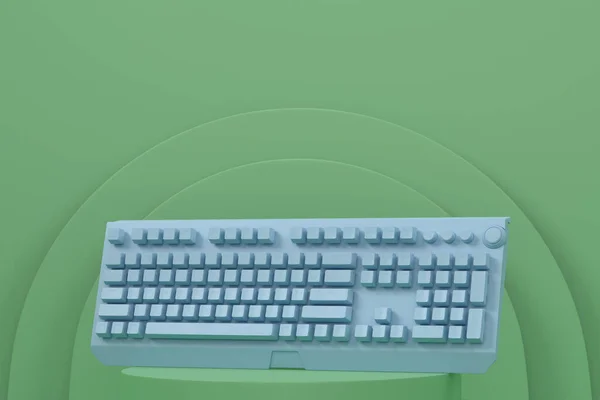 stock image Realistic computer keyboard on cylinder podium with steps on monochrome background. 3d render of display product like streaming gear for cloud gaming and gamer workspace concept