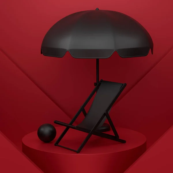 Beach Rings Chair Umbrellas Podium Pedestal Monochrome Background Render Display — Stock Photo, Image