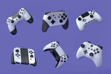 Uçan oyun kumandaları ya da menekşe arka planda oyun koruyucuları. Canlı yayın konsepti için 3D aksesuar hazırlama