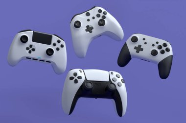 Uçan oyun kumandaları ya da menekşe arka planda oyun koruyucuları. Canlı yayın konsepti için 3D aksesuar hazırlama