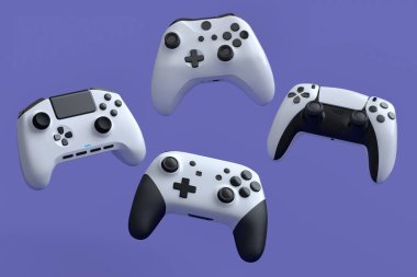 Uçan oyun kumandaları ya da menekşe arka planda oyun koruyucuları. Canlı yayın konsepti için 3D aksesuar hazırlama