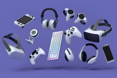 Mor arka planda fare, klavye, joystick, kulaklık ve mikrofon gibi üst düzey oyuncu vitesleri. Canlı yayın konsepti için 3D aksesuar hazırlama