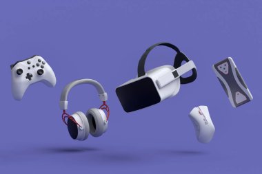 Oyun kurucular joystick, VR gözlükleri, kulaklıklar ve menekşe arka planda fare gibi vitesler. Canlı yayın konsepti için 3D aksesuar hazırlama