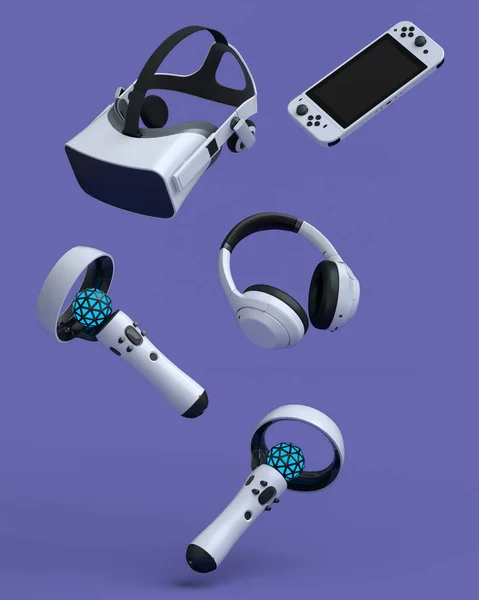 Top view gamer gears like mouse, microphone, joystick, headphones and VR glasses on violet background. 3d render of accessories for live streaming concept