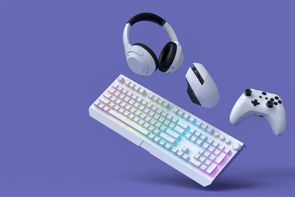 紫色の背景にマウス キーボード ジョイスティック ヘッドフォンやマウスなどのゲーマーのギアを表示します ライブストリーミングコンセプトのためのアクセサリーの3Dレンダリング — ストック写真