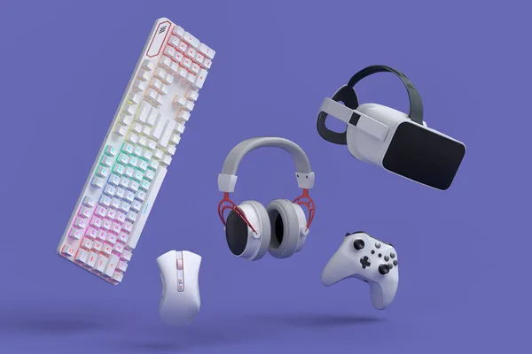 紫色の背景にマウス キーボード ジョイスティック ヘッドフォンやVrメガネなどのゲーマーのギアを表示します ライブストリーミングコンセプトのためのアクセサリーの3Dレンダリング — ストック写真