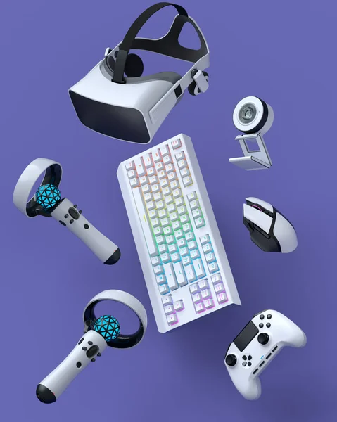 顶部视图游戏齿轮 如鼠标 操纵杆 耳机和网络摄像头紫色背景 直播概念配件3D渲染 — 图库照片