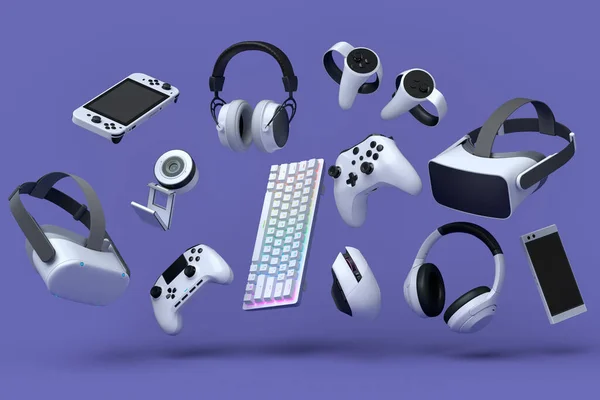 顶部视图游戏齿轮 如鼠标 操纵杆 耳机和麦克风紫色背景 直播概念配件3D渲染 — 图库照片