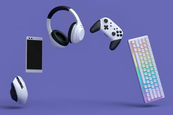 紫色の背景にマウス キーボード ジョイスティック ヘッドフォンやマイクなどのゲーマーのギアを表示します ライブストリーミングコンセプトのためのアクセサリーの3Dレンダリング — ストック写真