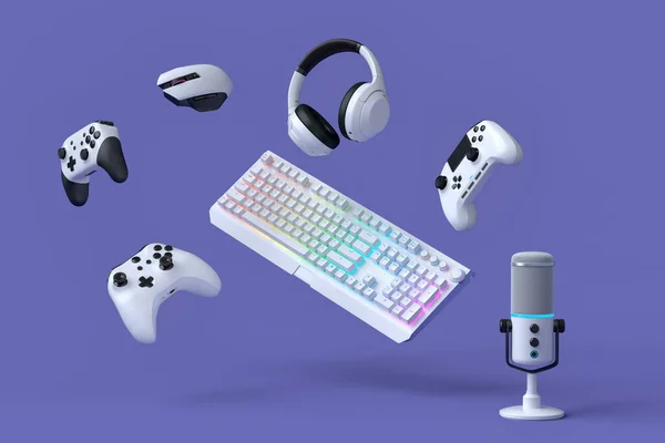 紫色の背景にマウス キーボード ジョイスティック ヘッドフォンやマイクなどのゲーマーのギアを表示します ライブストリーミングコンセプトのためのアクセサリーの3Dレンダリング — ストック写真