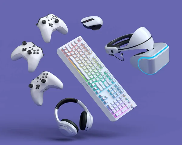 Vrメガネ キーボード ジョイスティック ヘッドフォン マイクなどのゲーマーのギアを紫色の背景に表示します ライブストリーミングコンセプトのためのアクセサリーの3Dレンダリング — ストック写真
