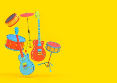 Elektrikli akustik gitar seti ve arka planında metal ziller olan davullar. 3D perküsyon enstrümanı, davul makinesi ve rock festivali posteri için heavy metal gitarlı bateri seti