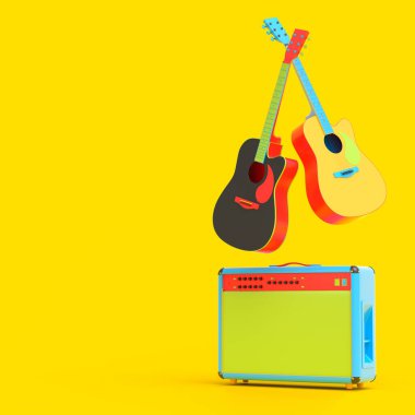 Çok renkli arka planda elektrikli akustik gitar amplifikatörleri. Rock festivali posteri için üç boyutlu müzik enstrümanı, davul makinesi ve bateri prodüksiyonu.