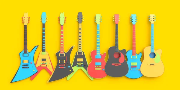 Sada Elektrických Akustických Kytar Izolovaných Vícebarevném Pozadí Vykreslení Konceptu Pro — Stock fotografie