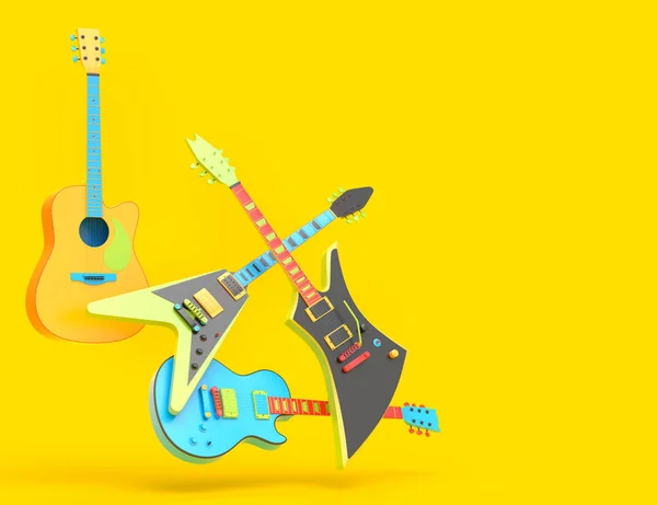 Conjunto Guitarras Acústicas Eléctricas Aisladas Sobre Fondo Multicolor Render Concept —  Fotos de Stock