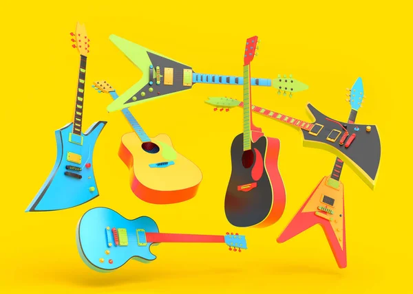 Çok Renkli Arka Planda Izole Edilmiş Elektrikli Akustik Gitar Seti — Stok fotoğraf