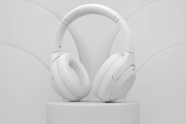 Silindir podyumda tek renkli arka planda basamakları olan gerçekçi oyun kulaklıkları. Bulut oyunu ve oyun alanı çalışma alanı konsepti için 3D görüntüleme ürünü gibi