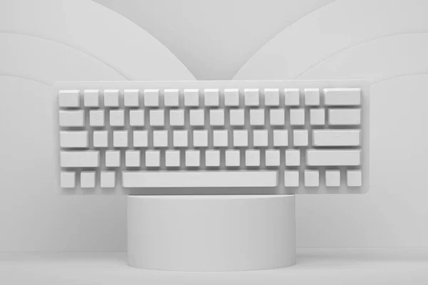 Realistische Computertastatur Auf Zylinderpodest Mit Stufen Auf Monochromen Hintergrund Rendering — Stockfoto
