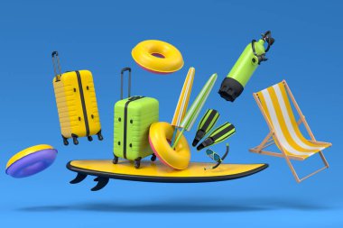 Renkli bavul ya da mavi arka planda plaj aksesuarları olan bavul. Yaz tatili konsepti ve tatillerinin 3 boyutlu canlandırması