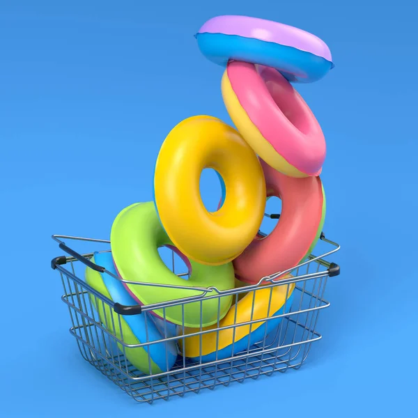 Colorful Inflatable Ring Shopping Basket Blue Background Render Summer Vacation — Stockfoto