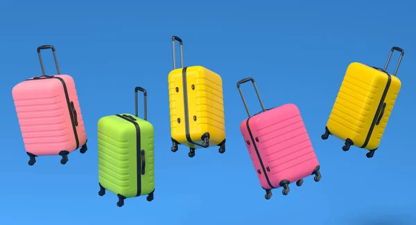 Colorful Suitcase Baggage Flying Blue Background Render Summer Vacation Concept — Foto Stock