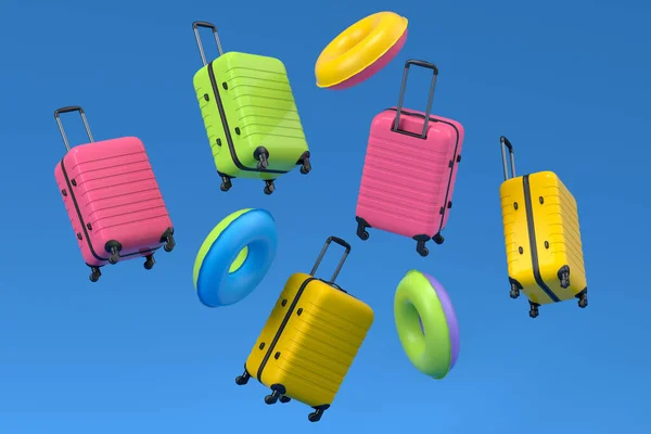 Colorful Suitcase Baggage Flying Blue Background Render Summer Vacation Concept — Stok Foto