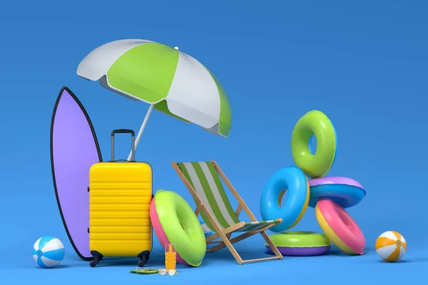 色彩艳丽的手提箱或带有蓝色背景海滩饰物的行李 暑假概念和假期的3D渲染 — 图库照片
