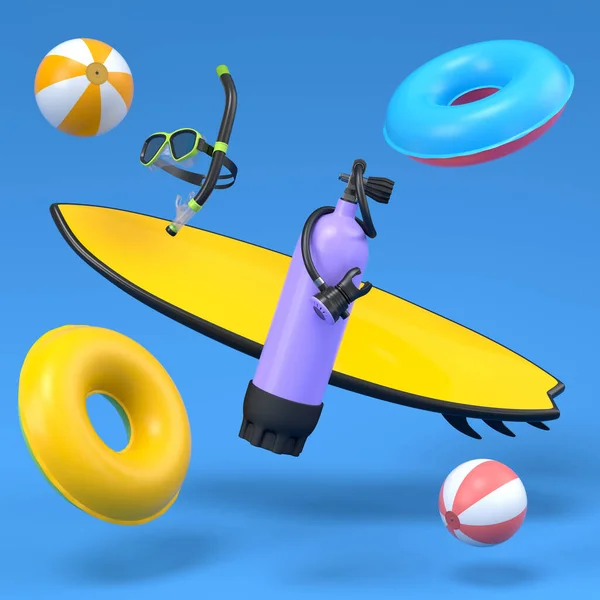 Kolorowa Deska Surfingowa Pierścionek Plażowy Parasole Maska Nurkowania Niebieskim Tle — Zdjęcie stockowe