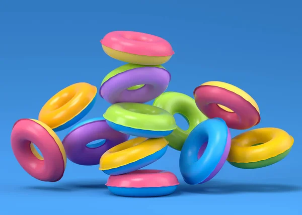 Colorful Inflatable Rings Flying Blue Background Render Summer Vacation Concept — 스톡 사진